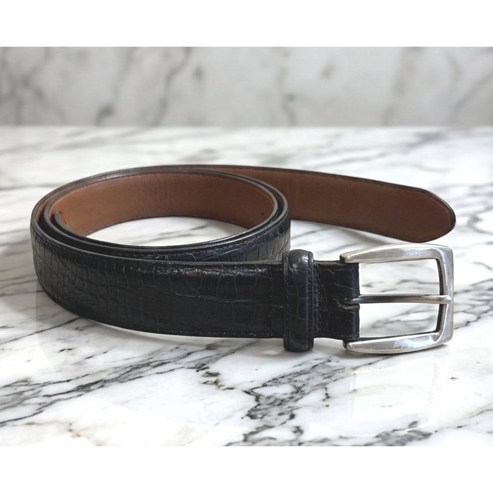 Brighton Mens 38 M10793 Black Leather Croc Embossed Belt Silver Buckle USA